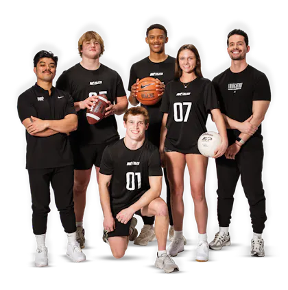 A group of six athletes posing together, each holding a different sports ball, wearing black athletic attire.